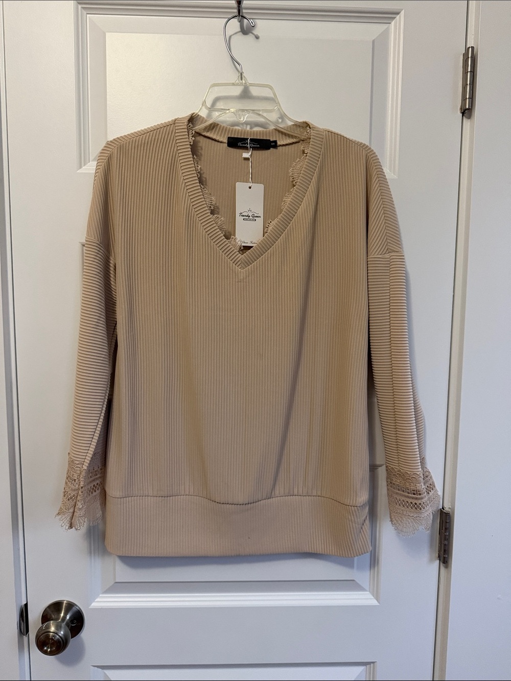 Taupe Ribbed V-Neck Sweater with Lace Cuffs